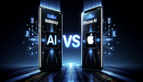 AI 달리가 삼성전자와 애플의 온디바이스 AI스마트폰 경쟁을 미래지향적인 느낌으로 표현했다. [사진:AI 달리]